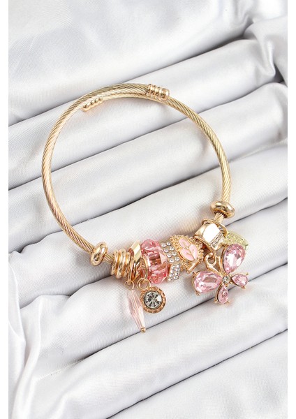 316L Çelik Pembe Zirkon Taşlı Kelebek Model Gold Renk Charm Bileklik