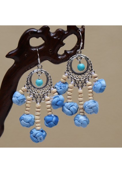 Etnik Eşsiz Küpeler - El Bağı Boyalı Mavi Desen, Doğal Indigo (Oryantal Stil) (Yurt Dışından)