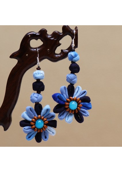 Etnik Eşsiz Küpeler - El Bağı Boyalı Mavi Desen, Doğal Indigo (Oryantal Stil) (Yurt Dışından)