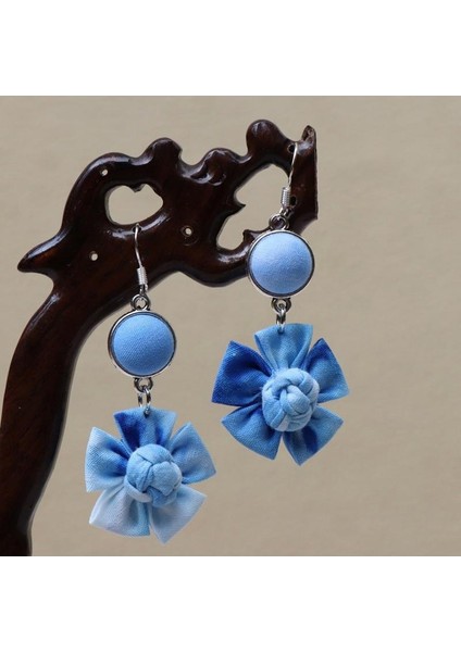 El Yapımı Batik (Shibori) Küpeler - Doğal Mavi Renk, Benzersiz Etnik Motifler (Yurt Dışından)