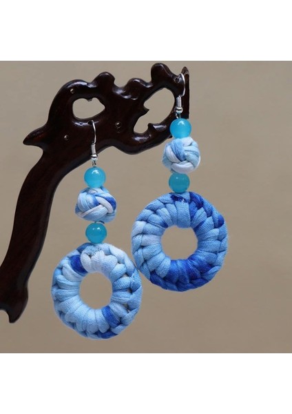 El Yapımı Batik (Shibori) Küpeler - Doğal Mavi Renk, Benzersiz Etnik Motifler (Yurt Dışından)