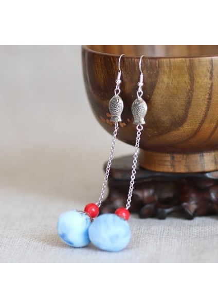 Etnik Eşsiz Küpeler - El Bağı Boyalı Mavi Desen, Doğal Indigo (Oryantal Stil) (Yurt Dışından)