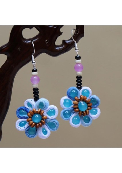 Etnik Eşsiz Küpeler - El Bağı Boyalı Mavi Desen, Doğal Indigo (Oryantal Stil) (Yurt Dışından)