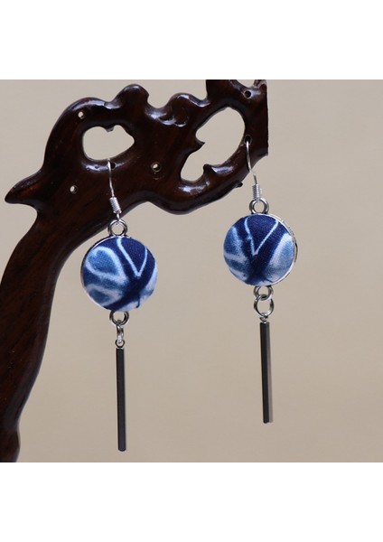 Etnik Eşsiz Küpeler - El Bağı Boyalı Mavi Desen, Doğal Indigo (Oryantal Stil) (Yurt Dışından)