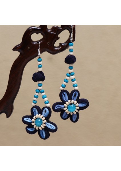 Etnik Eşsiz Küpeler - El Bağı Boyalı Mavi Desen, Doğal Indigo (Oryantal Stil) (Yurt Dışından)