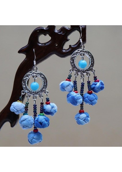 El Yapımı Batik (Shibori) Küpeler - Doğal Mavi Renk, Benzersiz Etnik Motifler (Yurt Dışından)