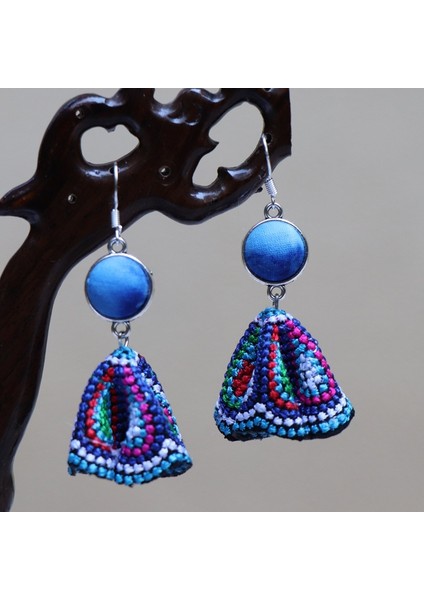 Etnik Eşsiz Küpeler - El Bağı Boyalı Mavi Desen, Doğal Indigo (Oryantal Stil) (Yurt Dışından)