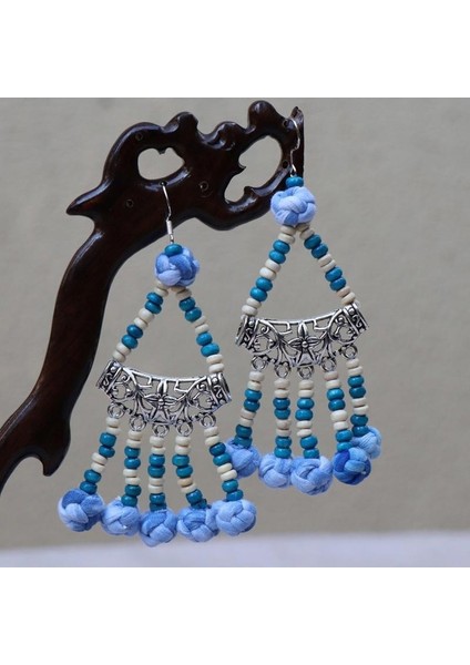 El Yapımı Batik (Shibori) Küpeler - Doğal Mavi Renk, Benzersiz Etnik Motifler (Yurt Dışından)