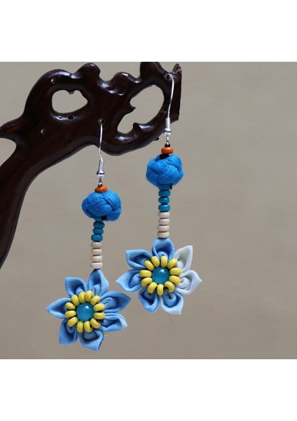 Etnik Eşsiz Küpeler - El Bağı Boyalı Mavi Desen, Doğal Indigo (Oryantal Stil) (Yurt Dışından)