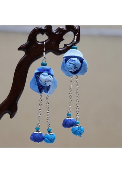 Etnik Eşsiz Küpeler - El Bağı Boyalı Mavi Desen, Doğal Indigo (Oryantal Stil) (Yurt Dışından)