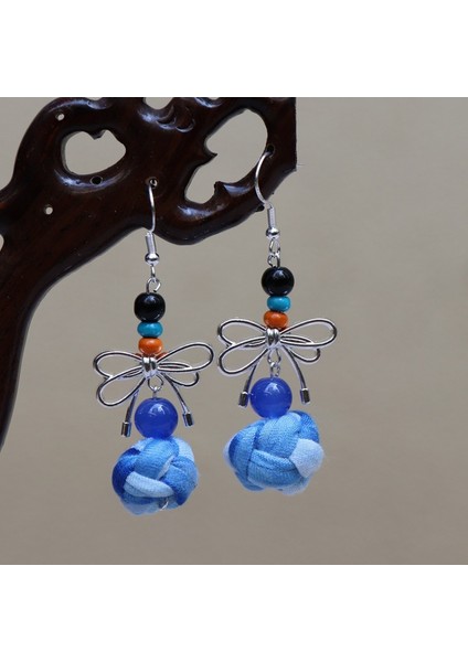 Etnik Eşsiz Küpeler - El Bağı Boyalı Mavi Desen, Doğal Indigo (Oryantal Stil) (Yurt Dışından)