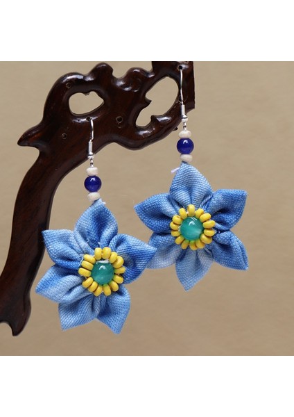 Etnik Eşsiz Küpeler - El Bağı Boyalı Mavi Desen, Doğal Indigo (Oryantal Stil) (Yurt Dışından)