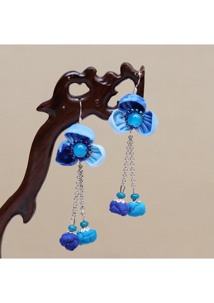 Etnik Eşsiz Küpeler - El Bağı Boyalı Mavi Desen, Doğal Indigo (Oryantal Stil) (Yurt Dışından)