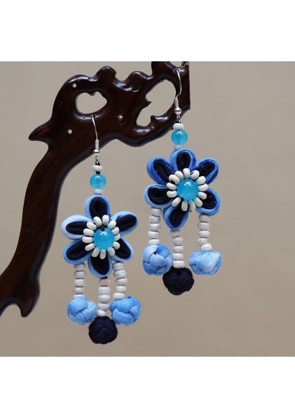 Etnik Eşsiz Küpeler - El Bağı Boyalı Mavi Desen, Doğal Indigo (Oryantal Stil) (Yurt Dışından)