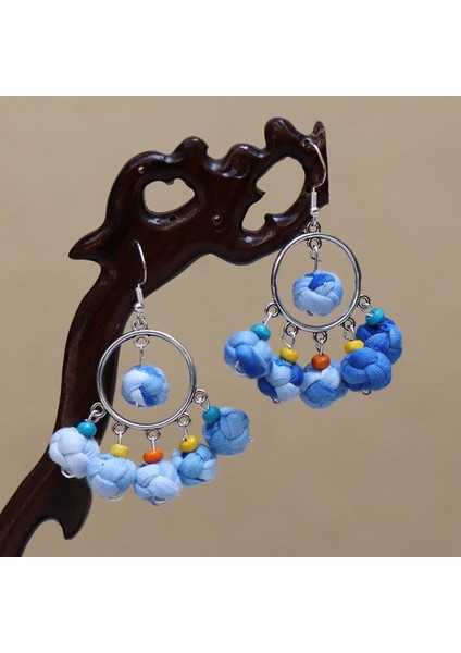 Etnik Eşsiz Küpeler - El Bağı Boyalı Mavi Desen, Doğal Indigo (Oryantal Stil) (Yurt Dışından)