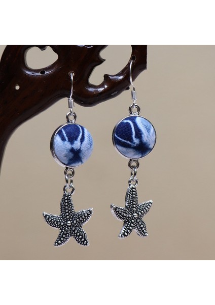 Etnik Eşsiz Küpeler - El Bağı Boyalı Mavi Desen, Doğal Indigo (Oryantal Stil) (Yurt Dışından)