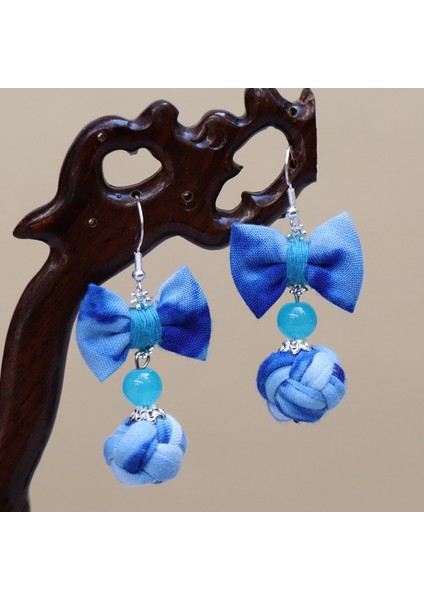 Etnik Eşsiz Küpeler - El Bağı Boyalı Mavi Desen, Doğal Indigo (Oryantal Stil) (Yurt Dışından)