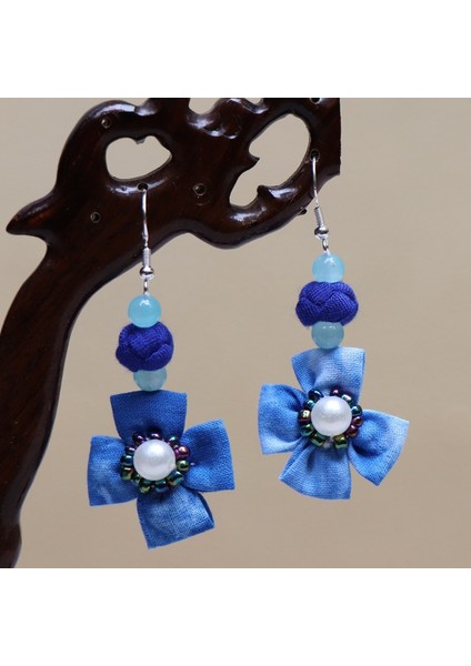 Etnik Eşsiz Küpeler - El Bağı Boyalı Mavi Desen, Doğal Indigo (Oryantal Stil) (Yurt Dışından)