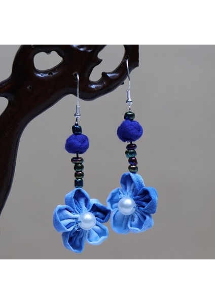 Etnik Eşsiz Küpeler - El Bağı Boyalı Mavi Desen, Doğal Indigo (Oryantal Stil) (Yurt Dışından)