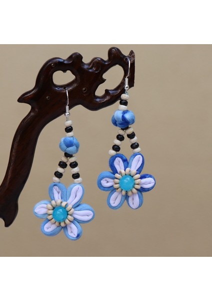 Etnik Eşsiz Küpeler - El Bağı Boyalı Mavi Desen, Doğal Indigo (Oryantal Stil) (Yurt Dışından)