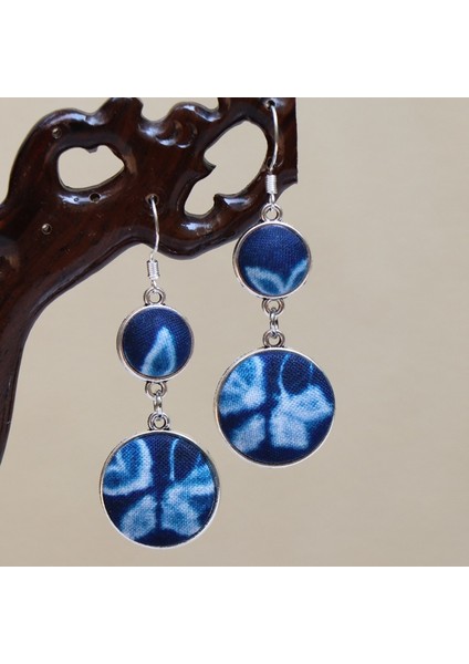 Etnik Eşsiz Küpeler - El Bağı Boyalı Mavi Desen, Doğal Indigo (Oryantal Stil) (Yurt Dışından)