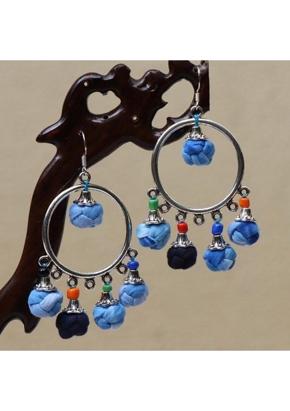 El Yapımı Batik (Shibori) Küpeler - Doğal Mavi Renk, Benzersiz Etnik Motifler (Yurt Dışından)