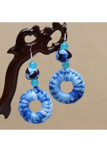 Etnik Eşsiz Küpeler - El Bağı Boyalı Mavi Desen, Doğal Indigo (Oryantal Stil) (Yurt Dışından)