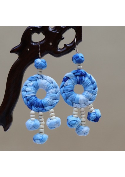 El Yapımı Batik (Shibori) Küpeler - Doğal Mavi Renk, Benzersiz Etnik Motifler (Yurt Dışından)