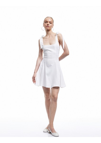 Bağlama Detaylı Kolsuz U Yaka Mini Keten Karışımlı Elbise