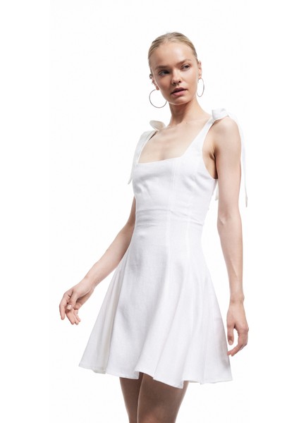 Bağlama Detaylı Kolsuz U Yaka Mini Keten Karışımlı Elbise fiyatları