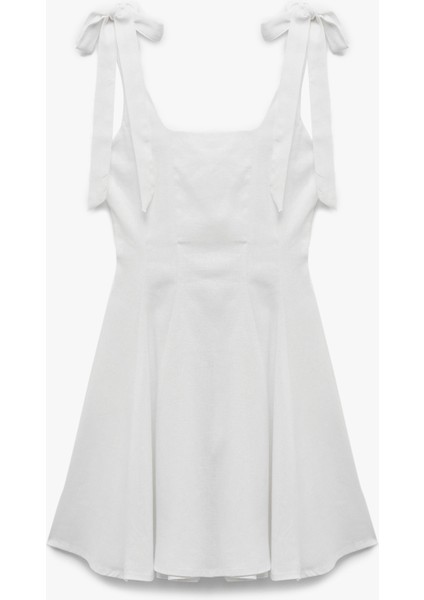 Bağlama Detaylı Kolsuz U Yaka Mini Keten Karışımlı Elbise modelleri