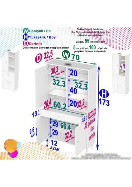 70 x 173 x 32,5 Cm’lik 1 Çekmece 3 Kapak 5 Raf 8 Gözlü Organizatör Mutfak Dolabı Çok Amaçlı Dolap fiyatları