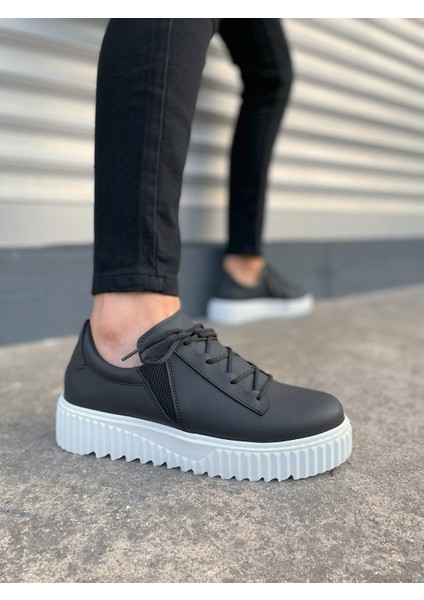 Siyah Beyaz Bold Bağcıklı Cilt Erkek Günlük Sneaker Ayakkabı