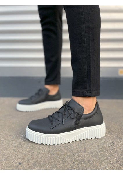 Siyah Beyaz Bold Bağcıklı Cilt Erkek Günlük Sneaker Ayakkabı