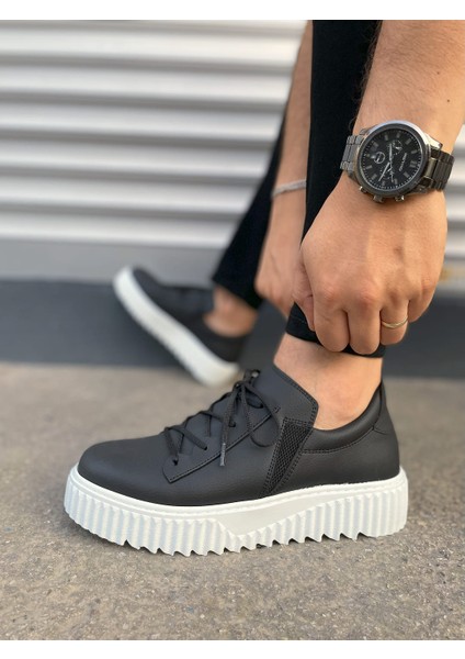 Siyah Beyaz Bold Bağcıklı Cilt Erkek Günlük Sneaker Ayakkabı