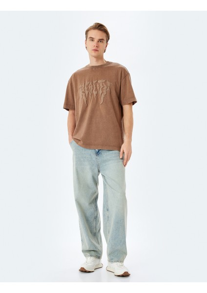 Yıkamalı Bisiklet Yaka Pamuklu Kısa Kollu Gotik Baskılı Oversize Tişört