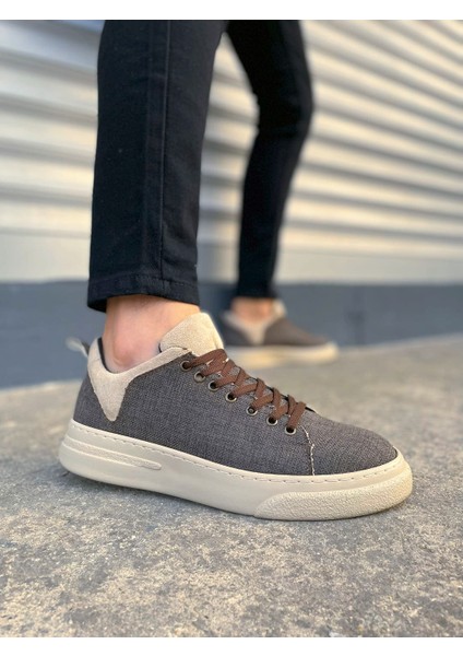 Kahve Krem Flex Bağcıklı Keten Kumaş Erkek Günlük Sneaker Ayakkabı