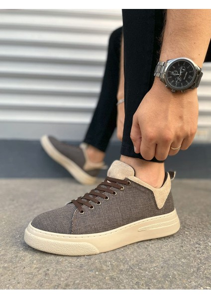 Kahve Krem Flex Bağcıklı Keten Kumaş Erkek Günlük Sneaker Ayakkabı