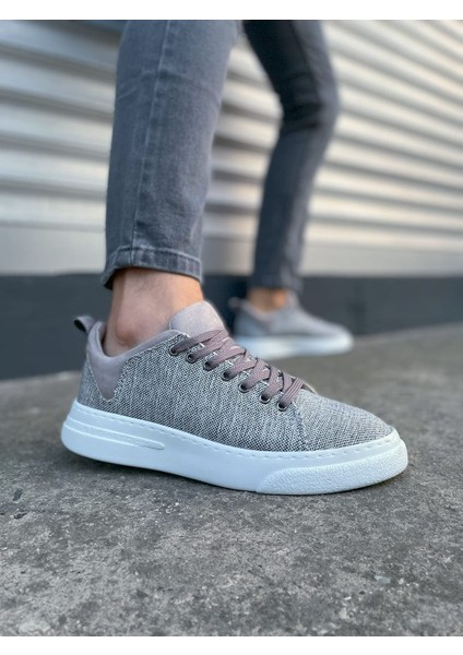 Gri Flex Bağcıklı Keten Kumaş Erkek Günlük Sneaker Ayakkabı