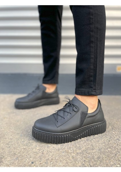Siyah Bold Bağcıklı Cilt Erkek Günlük Sneaker Ayakkabı