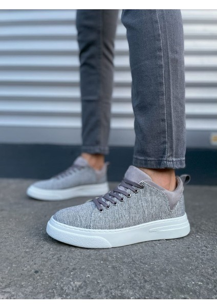 Gri Flex Bağcıklı Keten Kumaş Erkek Günlük Sneaker Ayakkabı