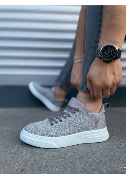 Gri Flex Bağcıklı Keten Kumaş Erkek Günlük Sneaker Ayakkabı