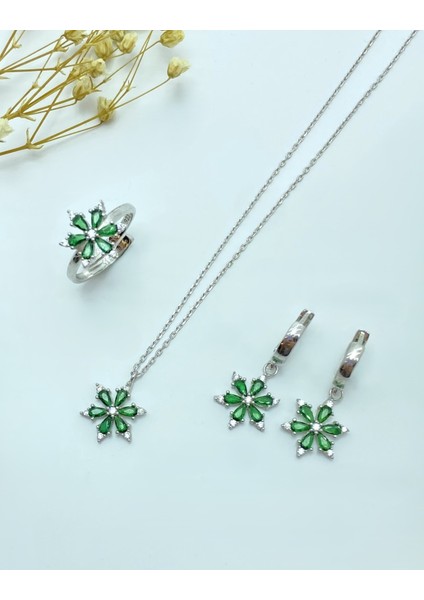 925 Ayar Gümüş Lotus Çiçeği Seti ( Kolye , Yüzük , Küpe )