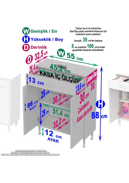 55 x 88 x 32,5 Cm’lik 1 Çekmece 1 Kapak 1 Raf 2 Gözlü Organizatör Mutfak Dolabı Çok Amaçlı Dolap