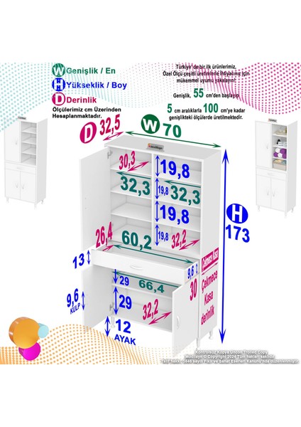 70 x 173 x 32,5 Cm’lik 1 Çekmece 3 Kapak 7 Raf 10 Gözlü Organizatör Mutfak Dolabı Çok Amaçlı Dolap