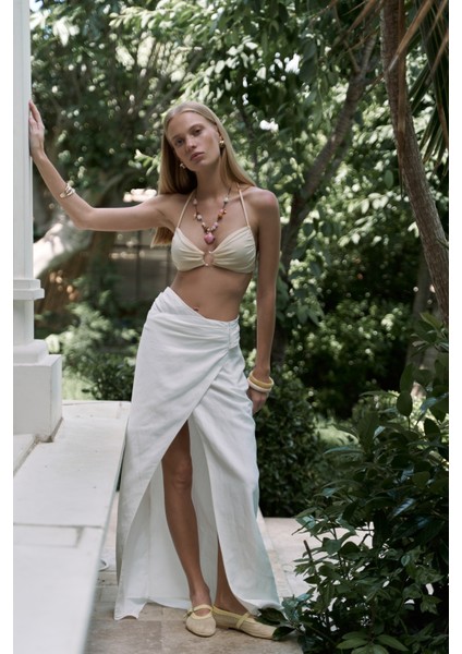 Fabriyonto Asimetrik Ekru Uzun Etek