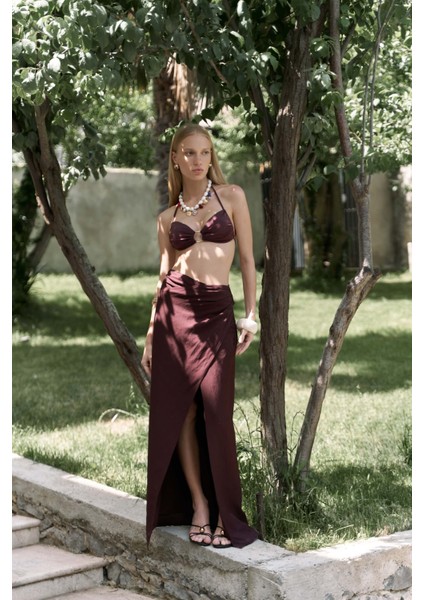 Fabriyonto Asimetrik Bordo Uzun Etek