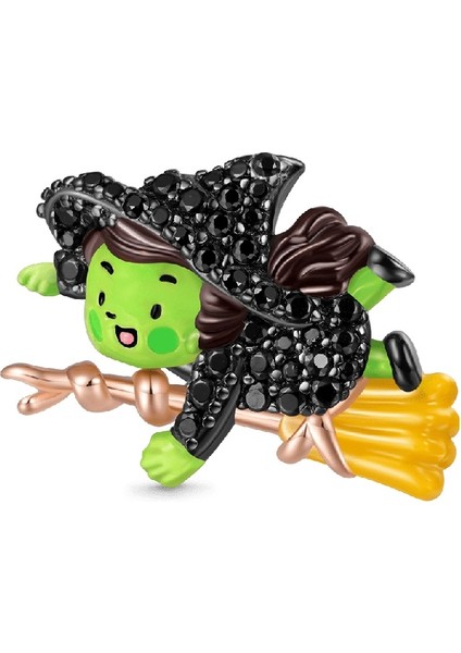 Wicked Elphaba ve Elmaslı Uçan Süpürge Charm, 925 Ayar Gümüş