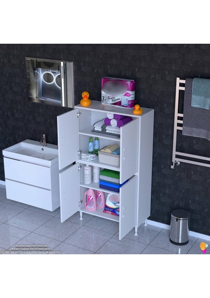 Ohbe 85X138X32,5 cm Ekstra Düzen Için Kullanışlı 4 Kapak 4 Bölmeli Banyo Mutfak Dolabı