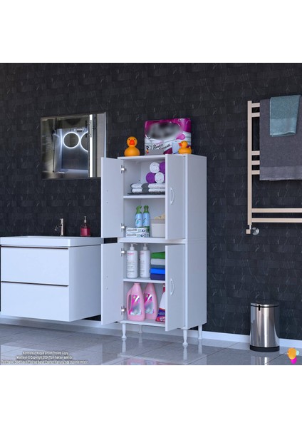 Ohbe 65X138X32,5 cm Ekstra Düzen Için Kullanışlı 4 Kapak 4 Bölmeli Banyo Mutfak Dolabı